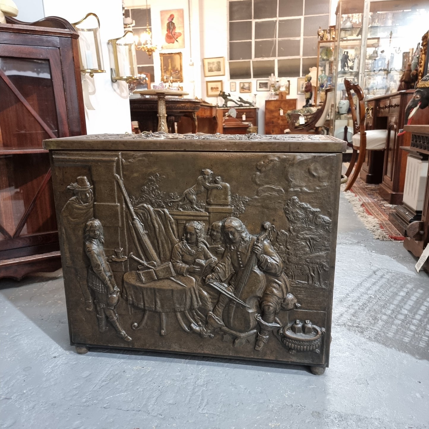 A Highly Decorative 19th Century French Embossed Brass Fire Coal Box