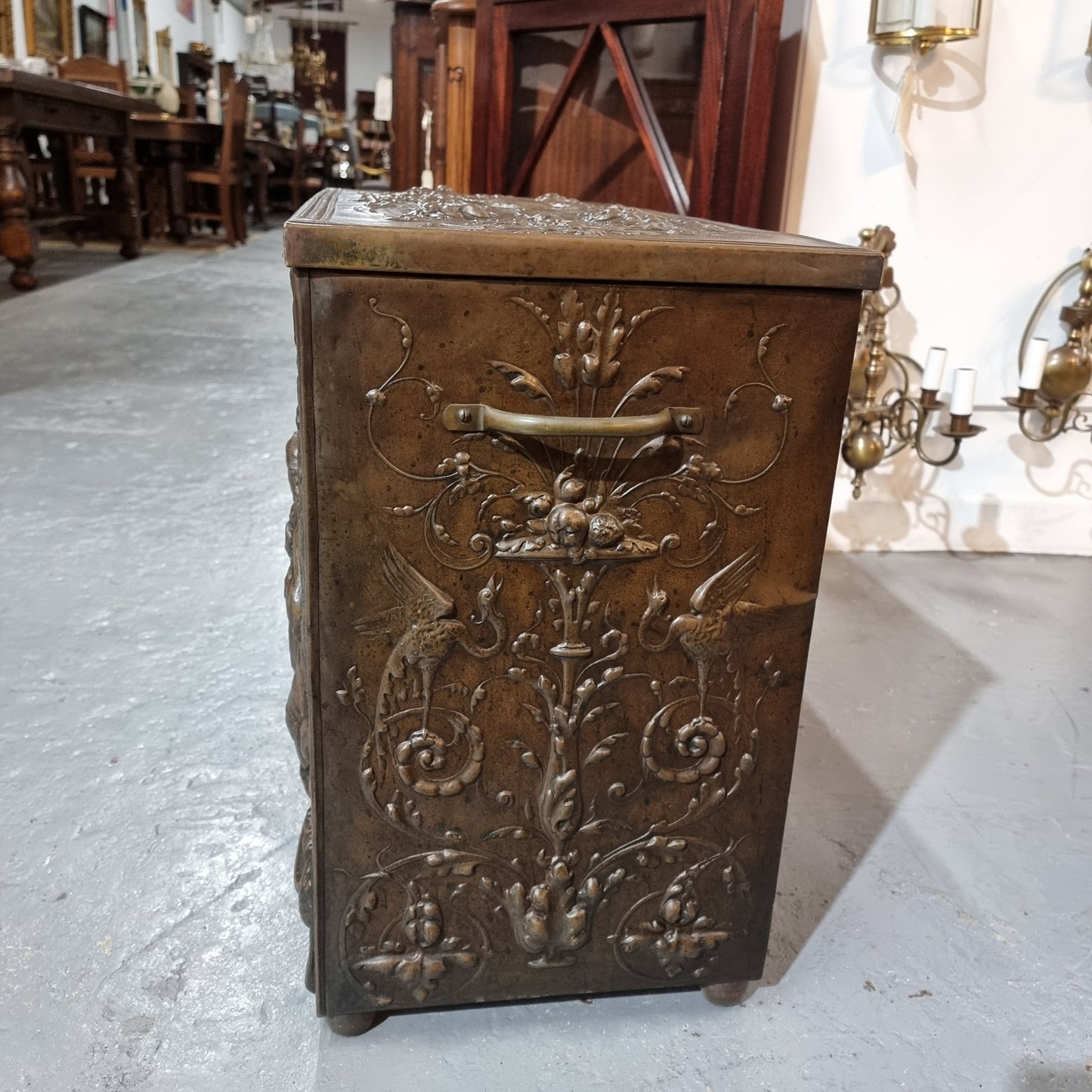 A Highly Decorative 19th Century French Embossed Brass Fire Coal Box