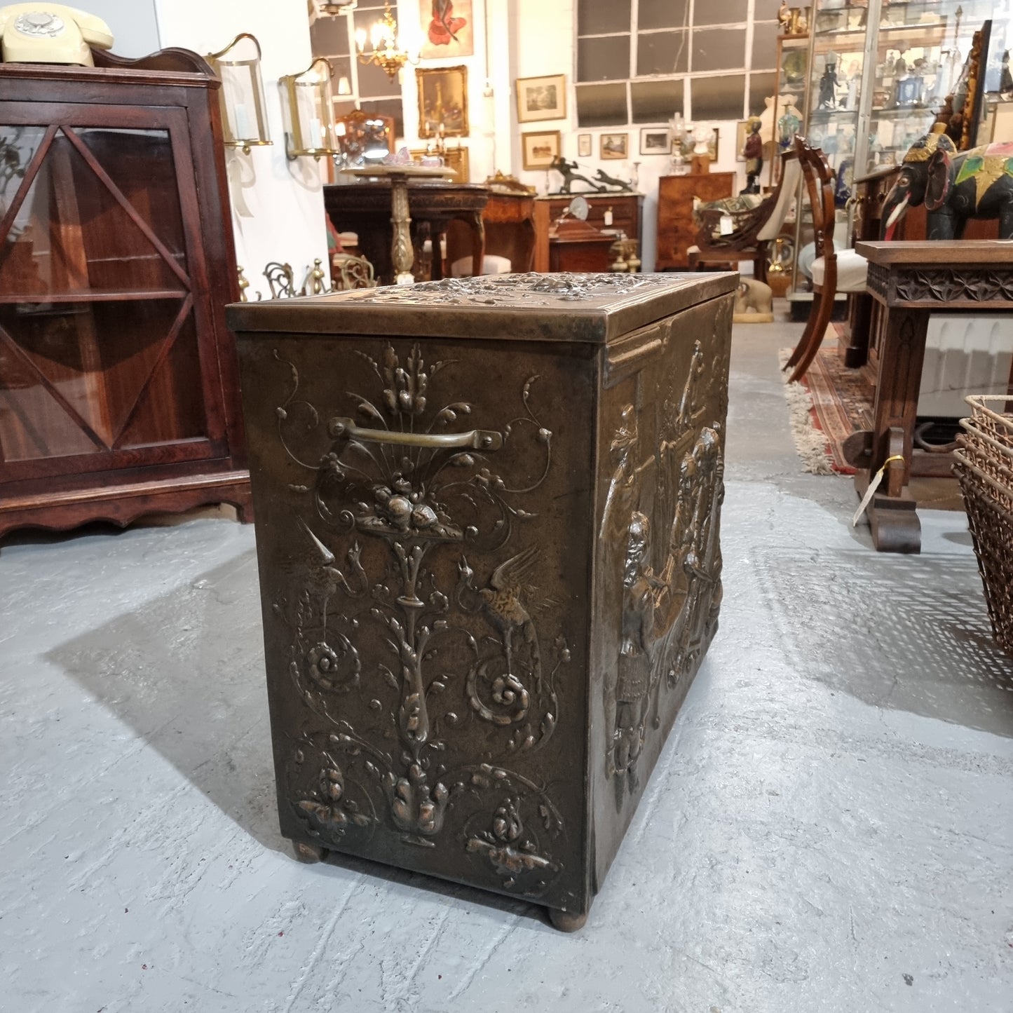 A Highly Decorative 19th Century French Embossed Brass Fire Coal Box