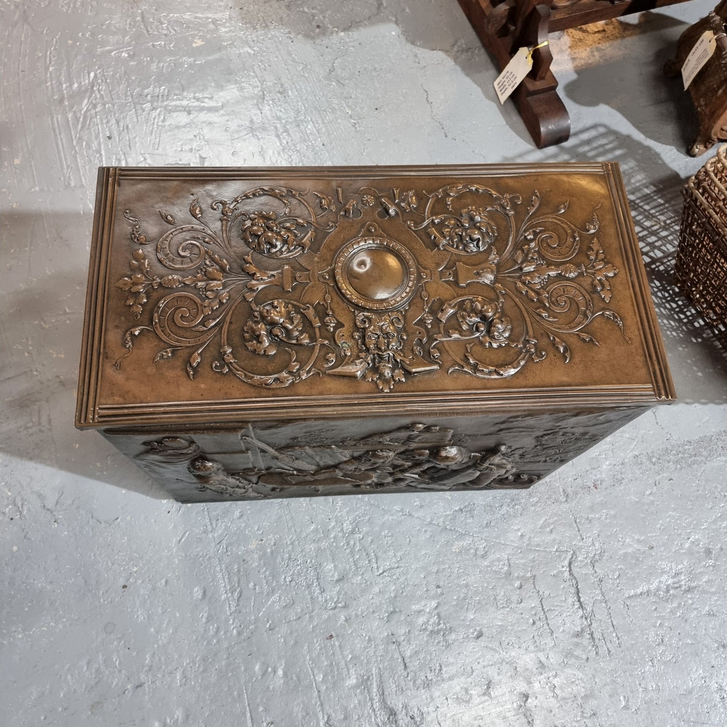 A Highly Decorative 19th Century French Embossed Brass Fire Coal Box