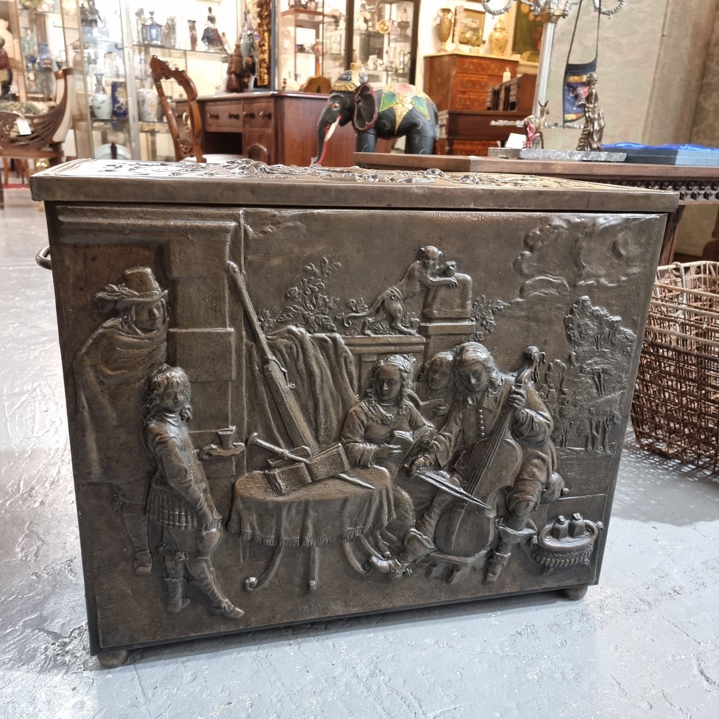 A Highly Decorative 19th Century French Embossed Brass Fire Coal Box