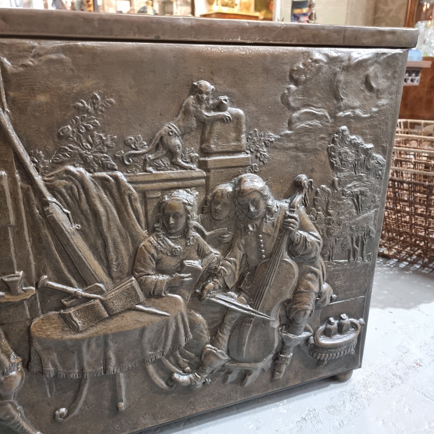 A Highly Decorative 19th Century French Embossed Brass Fire Coal Box