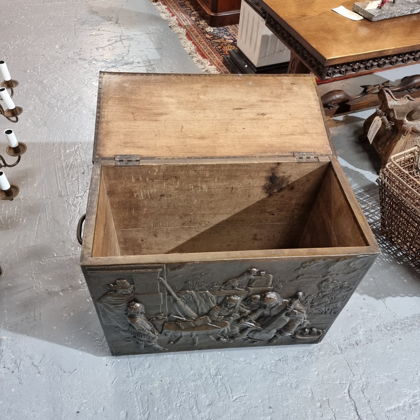A Highly Decorative 19th Century French Embossed Brass Fire Coal Box