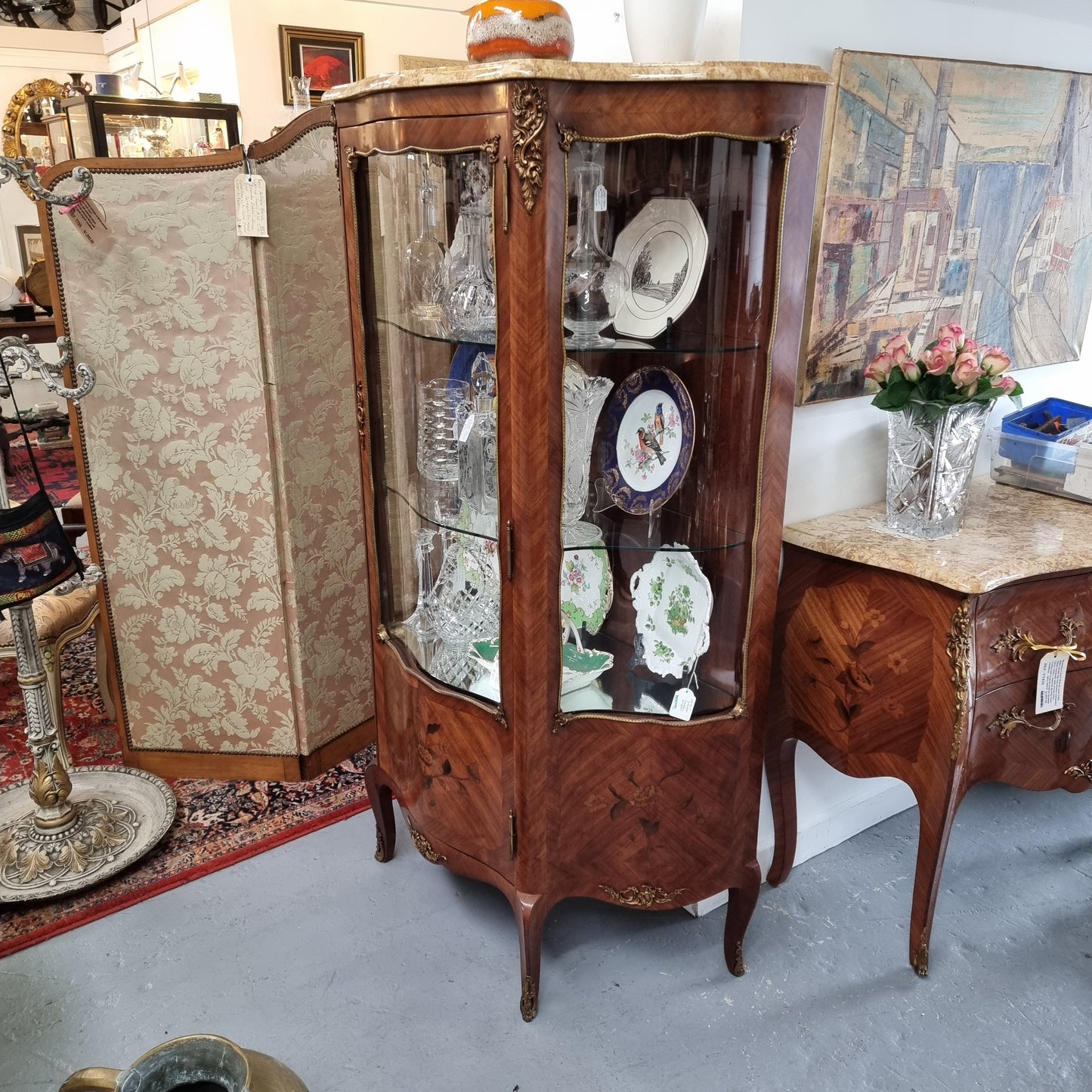 Grand French Walnut Louis XV Style Marble Top Vitrine