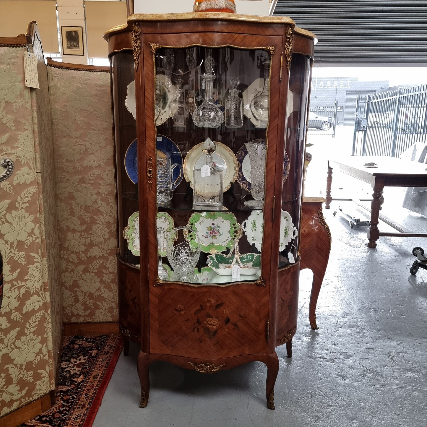 Grand French Walnut Louis XV Style Marble Top Vitrine