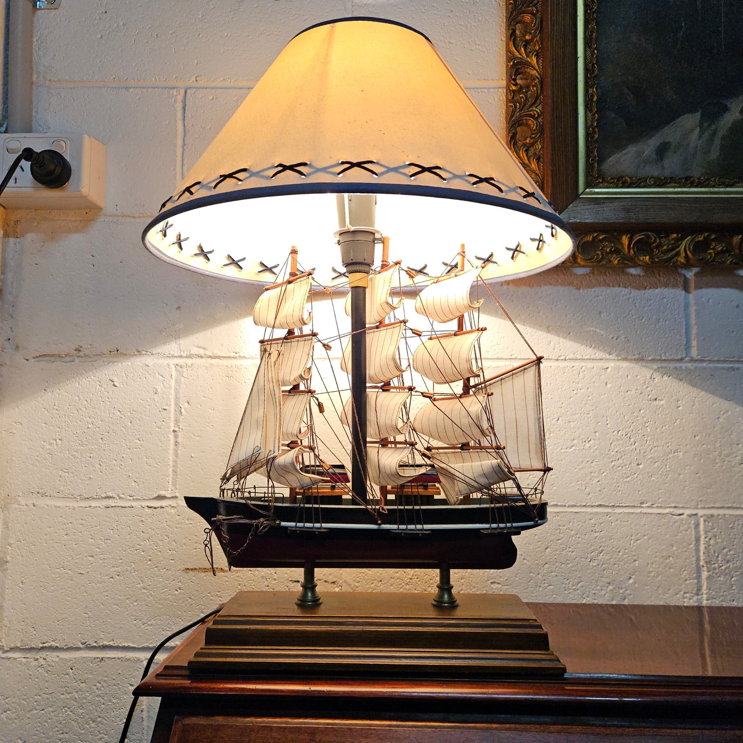 Nautical Sail Ship Table Lamp on Wooden Base