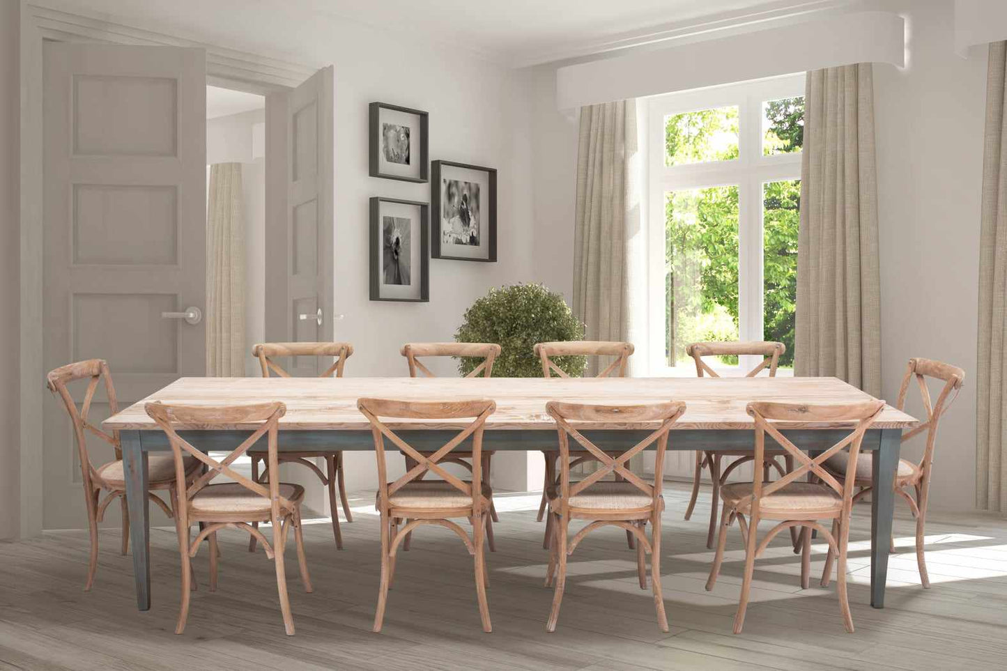 Bring the charm of rustic farmhouse style to your home with this handcrafted 3m Farmhouse style reclaimed Pine dining table. Seats 10 - 12 people. Material: Reclaimed Pine top and Reclaimed Pine base Colour: white washed and waxed natural timber top with Antique olive green base.