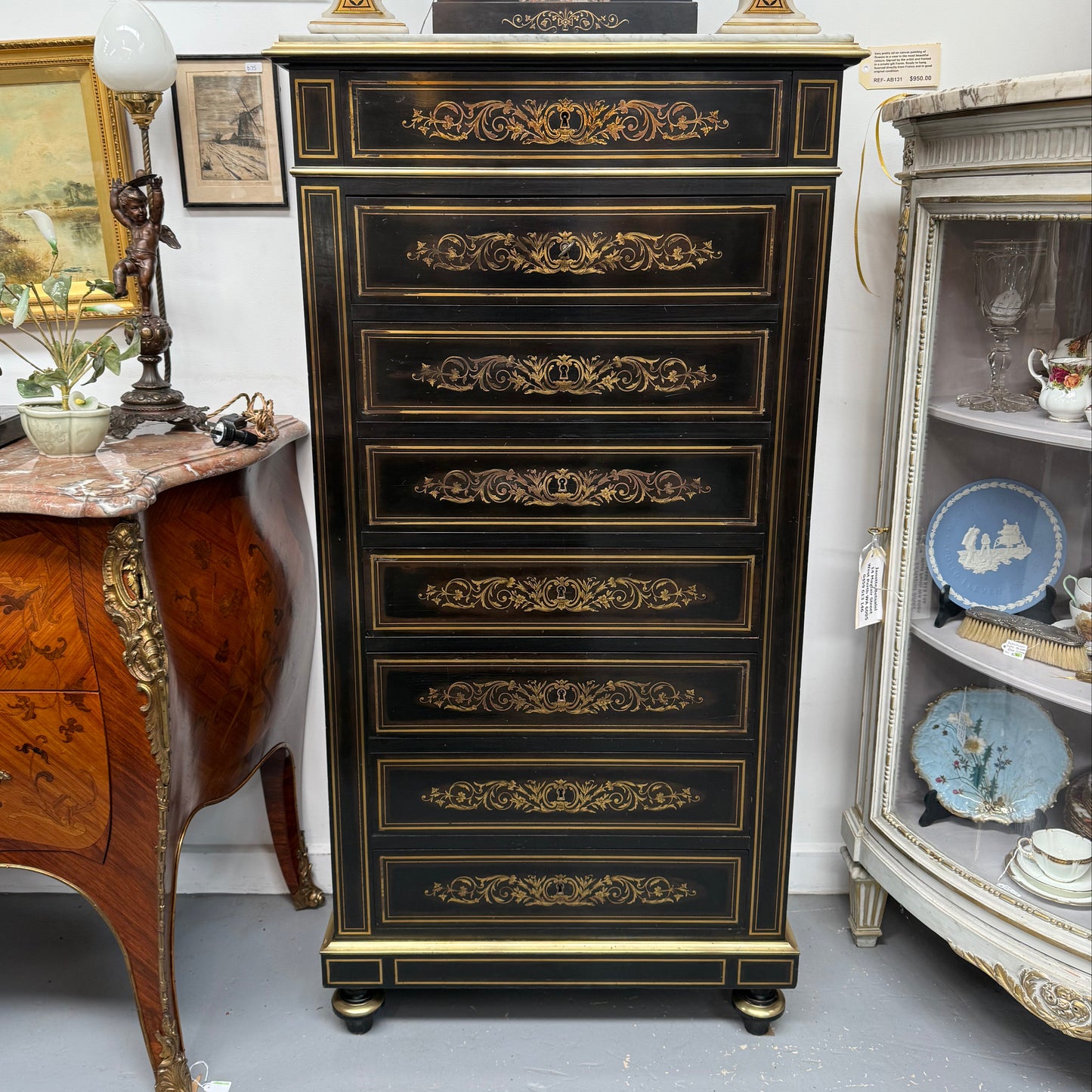 Antique 19th Century French Napoleon III Ebonised Boulle Marble Top Seminar