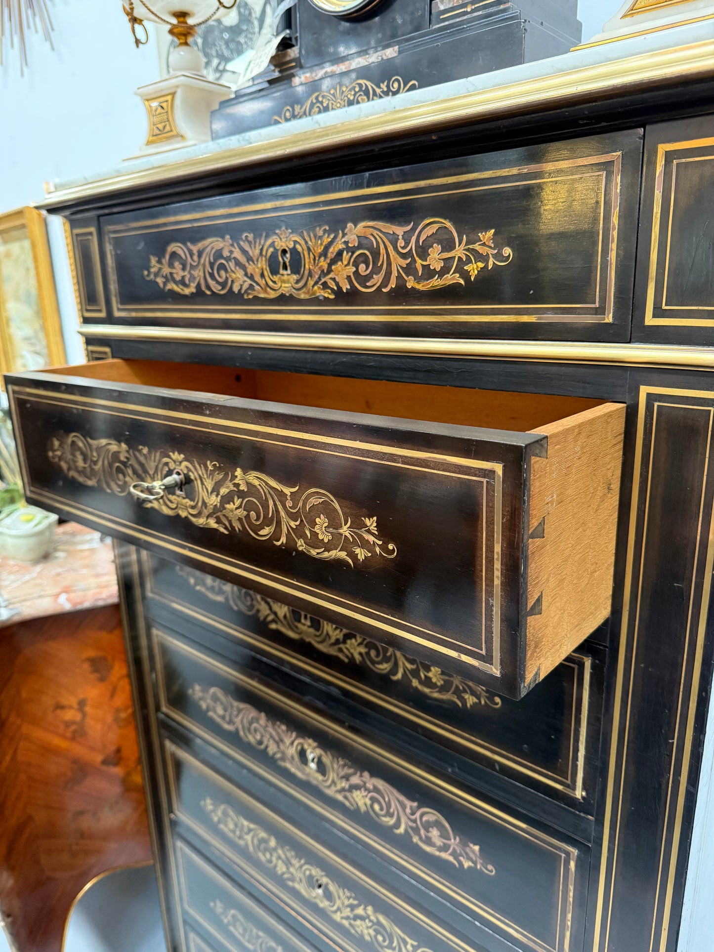 Antique 19th Century French Napoleon III Ebonised Boulle Marble Top Seminar