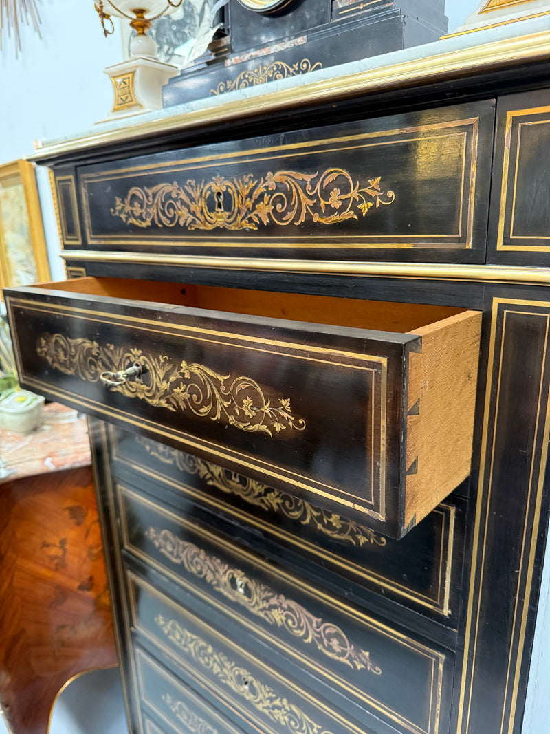 Antique 19th Century French Napoleon III Ebonised Boulle Marble Top Seminar