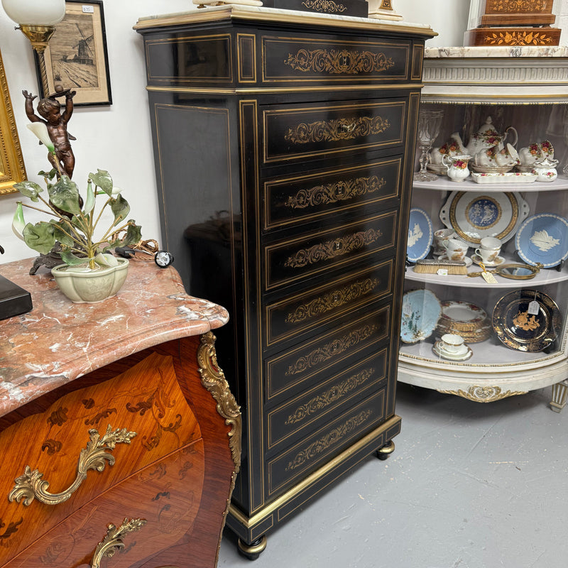 Antique 19th Century French Napoleon III Ebonised Boulle Marble Top Seminar