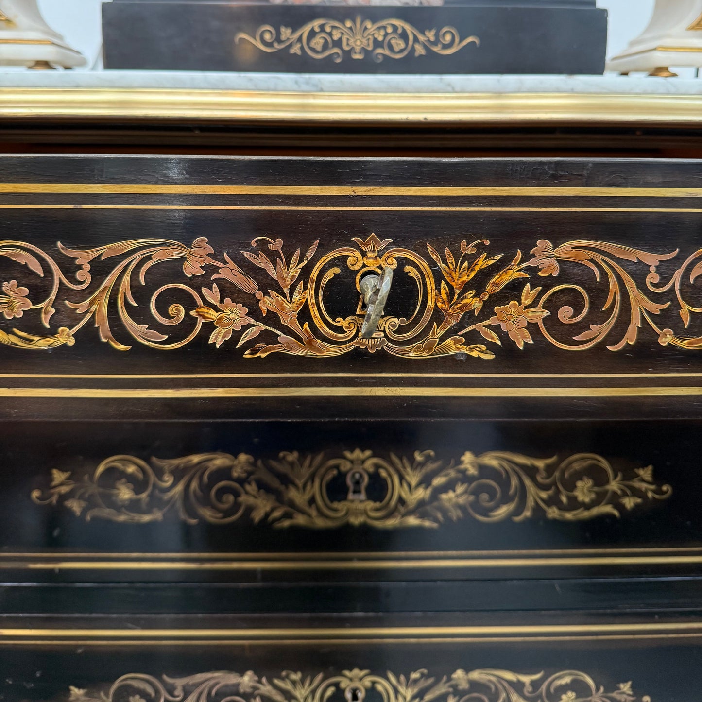 Antique 19th Century French Napoleon III Ebonised Boulle Marble Top Seminar