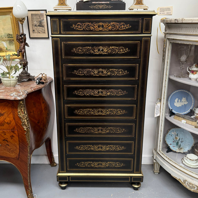 Antique 19th Century French Napoleon III Ebonised Boulle Marble Top Seminar