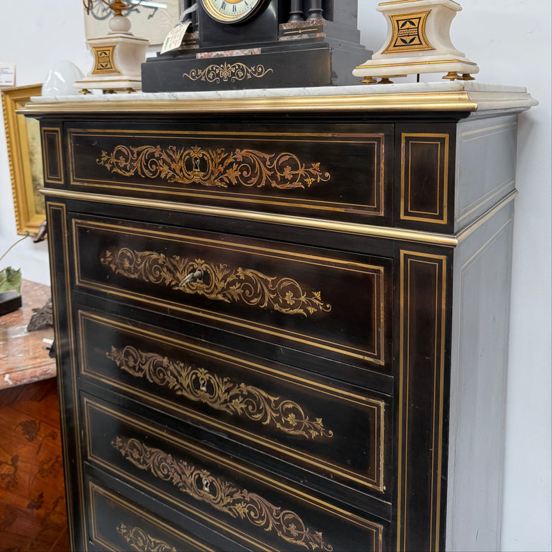 Antique 19th Century French Napoleon III Ebonised Boulle Marble Top Seminar