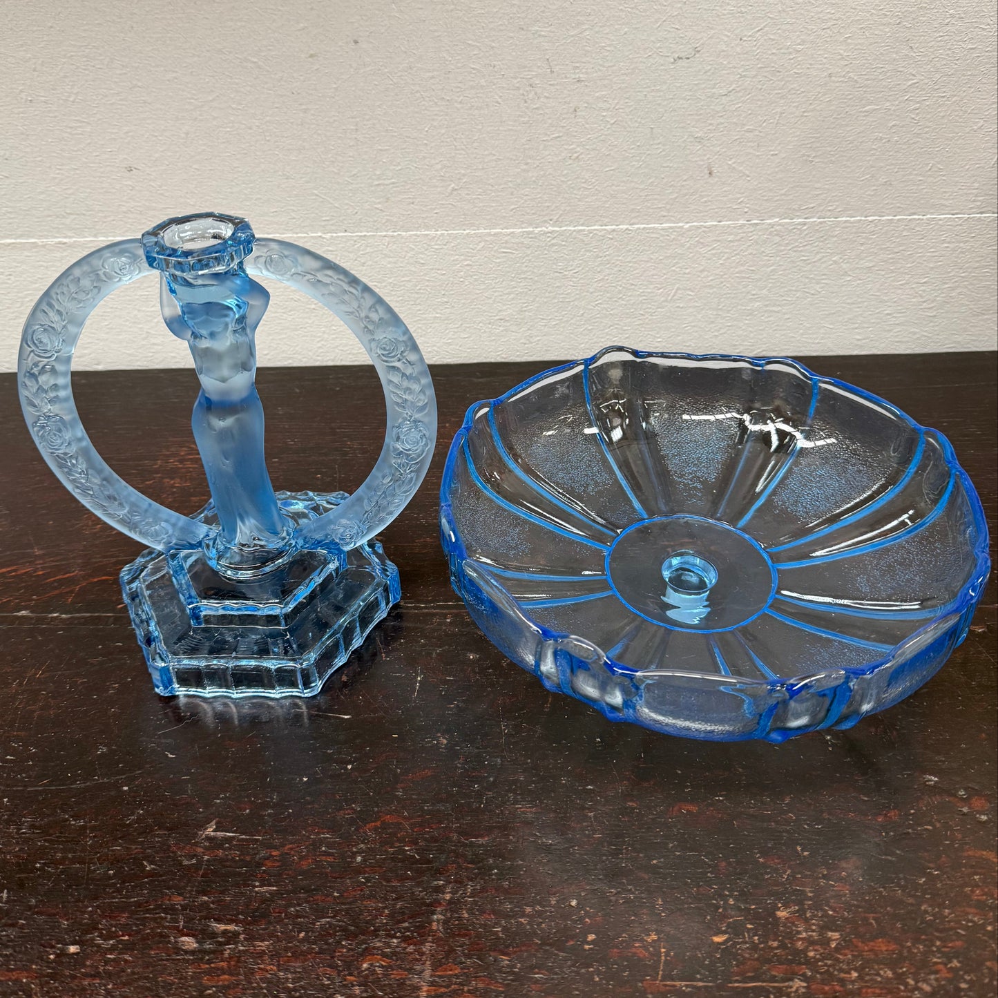 Art Deco Walther & Sohne Dancing Lady Blue Glass Comport