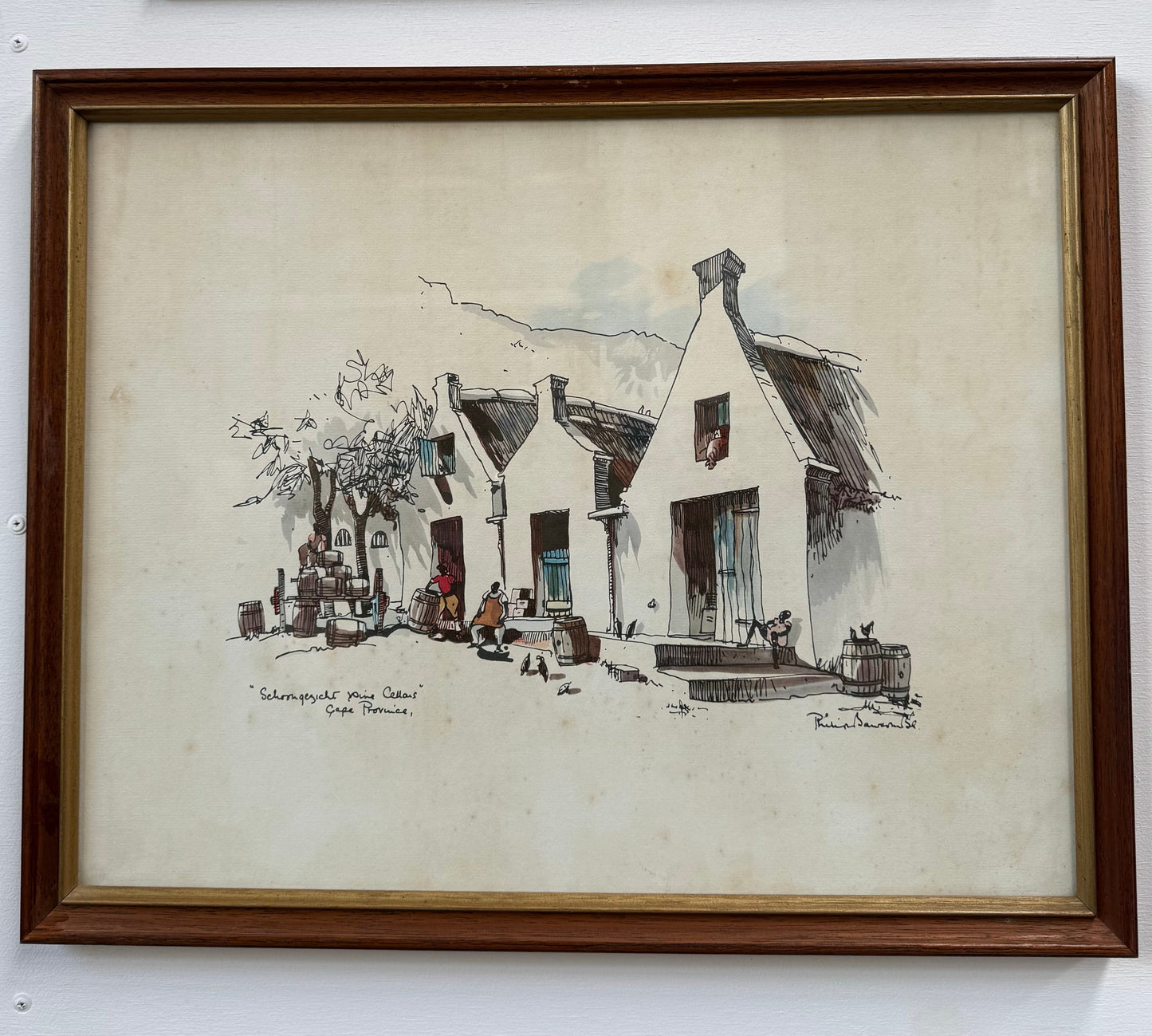 Framed Mixed Media "Schoongezicht Wine Cellars Cape Province" By Philip Bawcombe (British and South Africa 190)