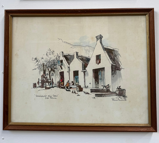Framed Mixed Media "Schoongezicht Wine Cellars Cape Province" By Philip Bawcombe (British and South Africa 190)