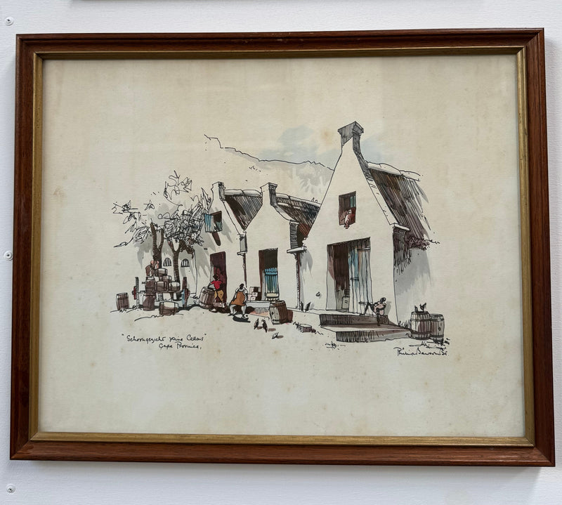 Framed Mixed Media "Schoongezicht Wine Cellars Cape Province" By Philip Bawcombe (British and South Africa 190)