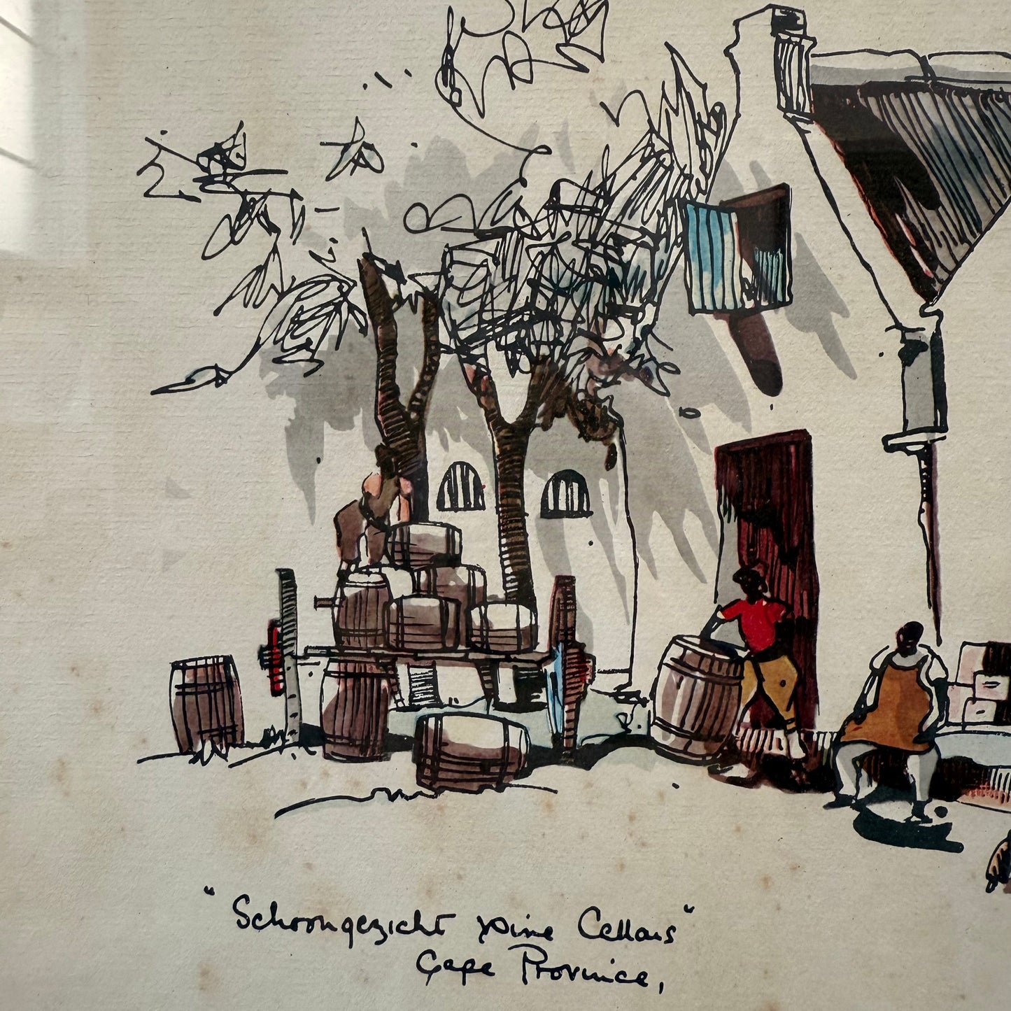 Framed Mixed Media "Schoongezicht Wine Cellars Cape Province" By Philip Bawcombe (British and South Africa 190)