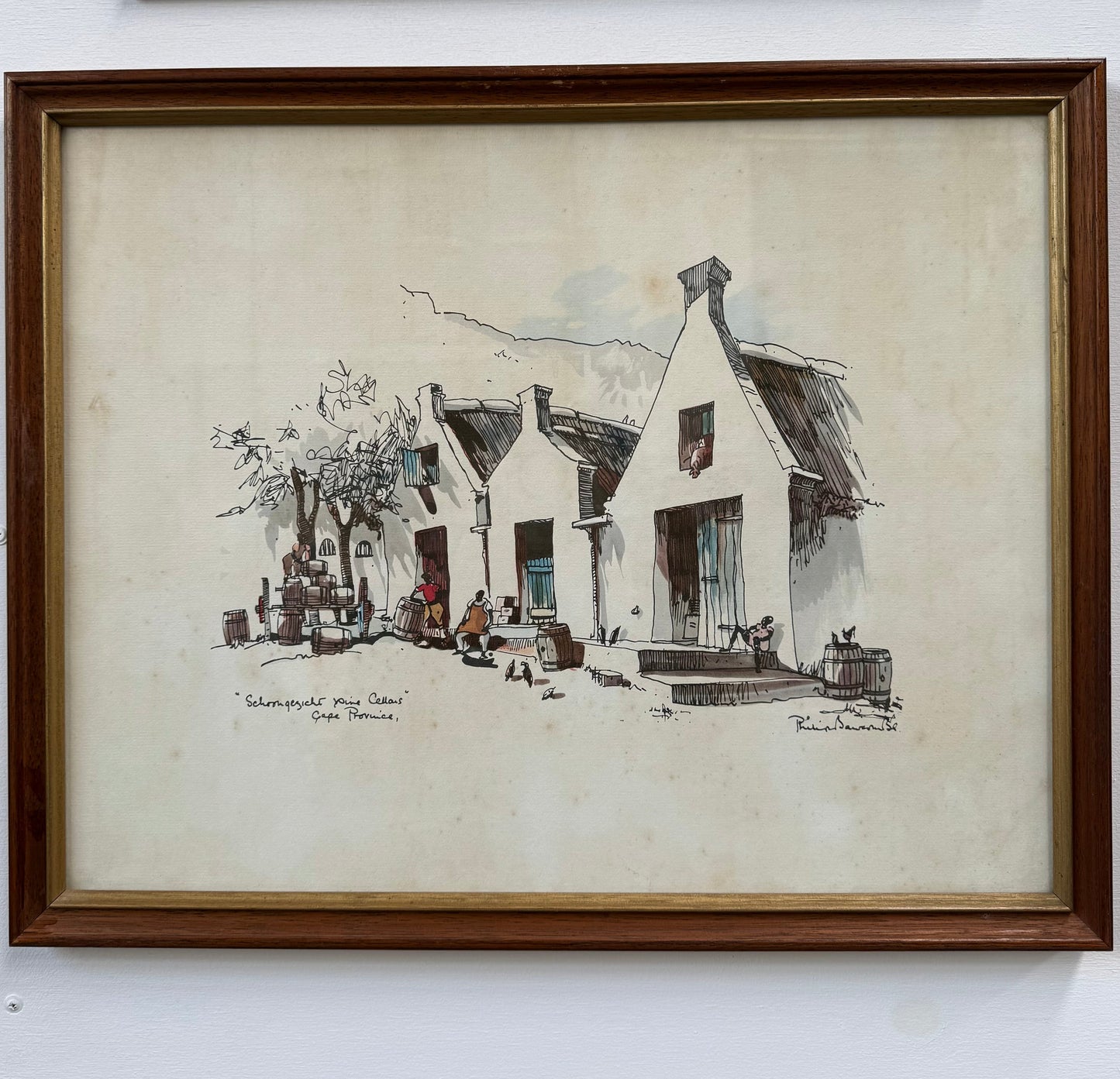 Framed Mixed Media "Schoongezicht Wine Cellars Cape Province" By Philip Bawcombe (British and South Africa 190)