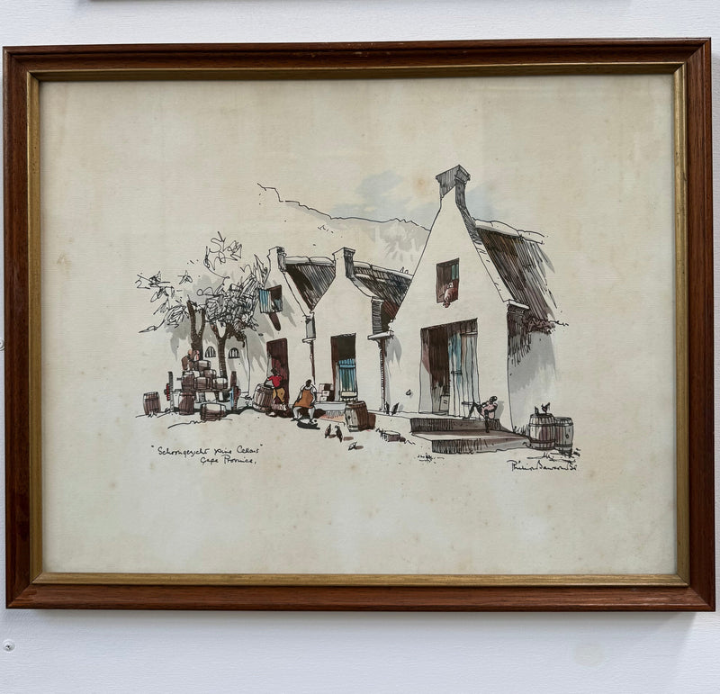 Framed Mixed Media "Schoongezicht Wine Cellars Cape Province" By Philip Bawcombe (British and South Africa 190)