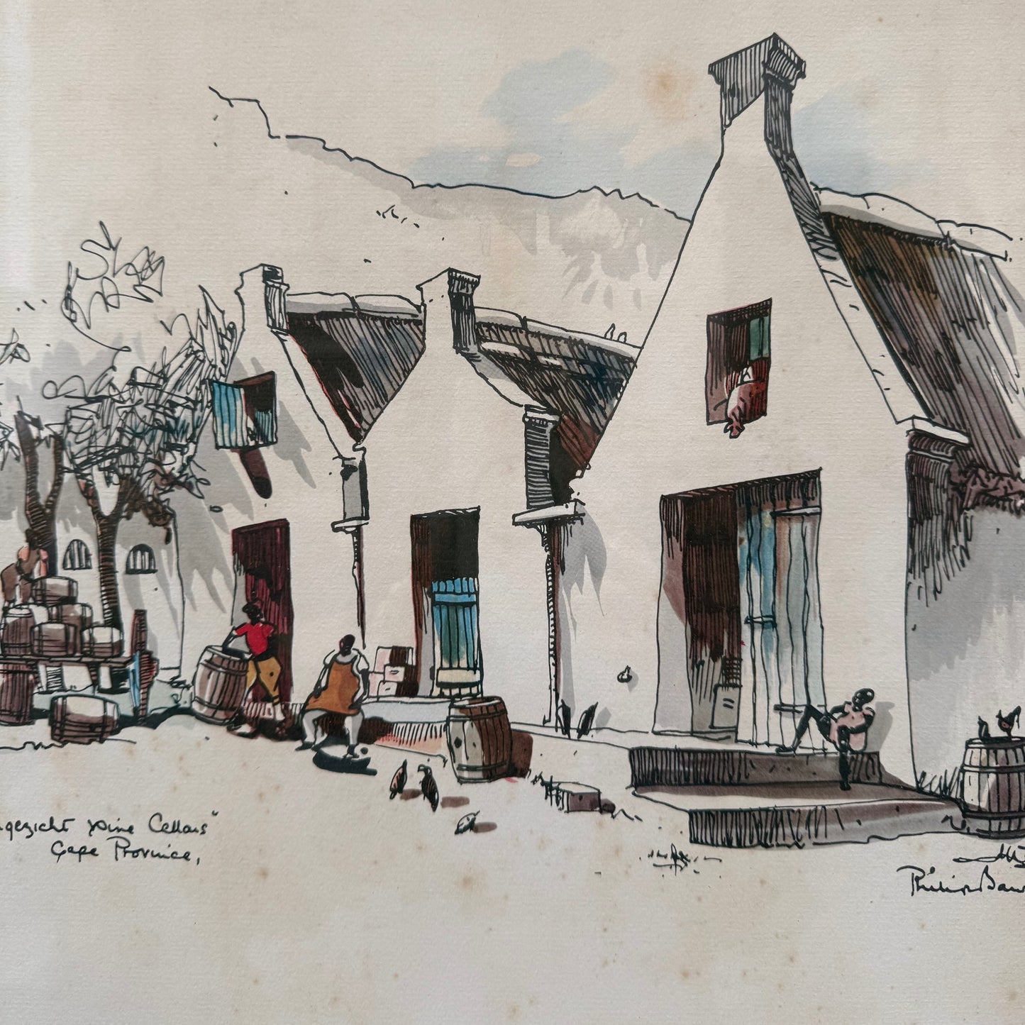 Framed Mixed Media "Schoongezicht Wine Cellars Cape Province" By Philip Bawcombe (British and South Africa 190)