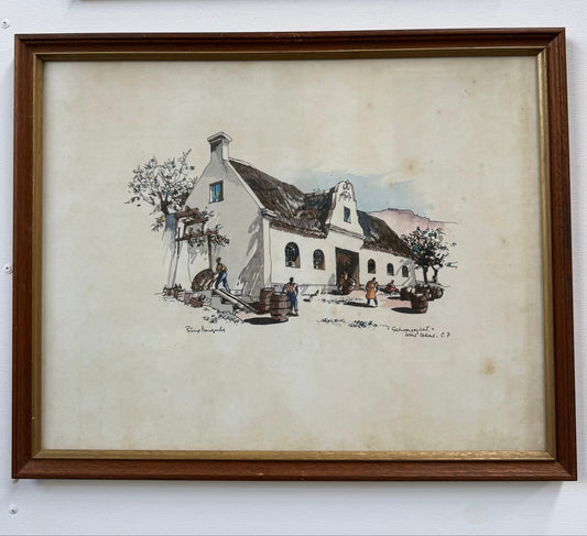 Framed Mixed Media "Schoongezicht Wine Cellars Cape Province" By Philip Bawcombe (British and South Africa Philip William Bawcombe 1906 - 2000)