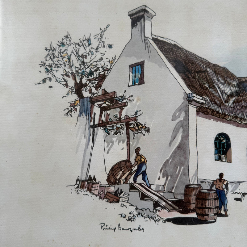 Framed Mixed Media "Schoongezicht Wine Cellars Cape Province" By Philip Bawcombe (British and South Africa Philip William Bawcombe 1906 - 2000)