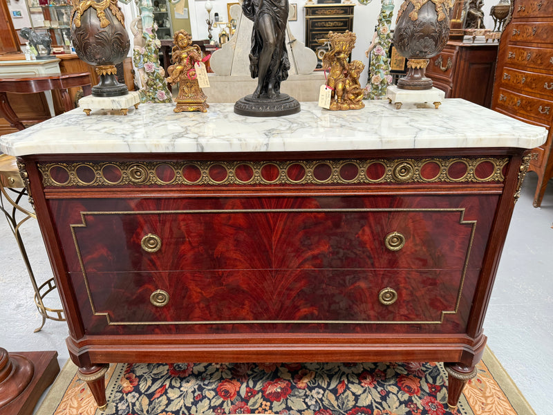 French Louis XVI Style Flame Mahogany Marble Top Commode