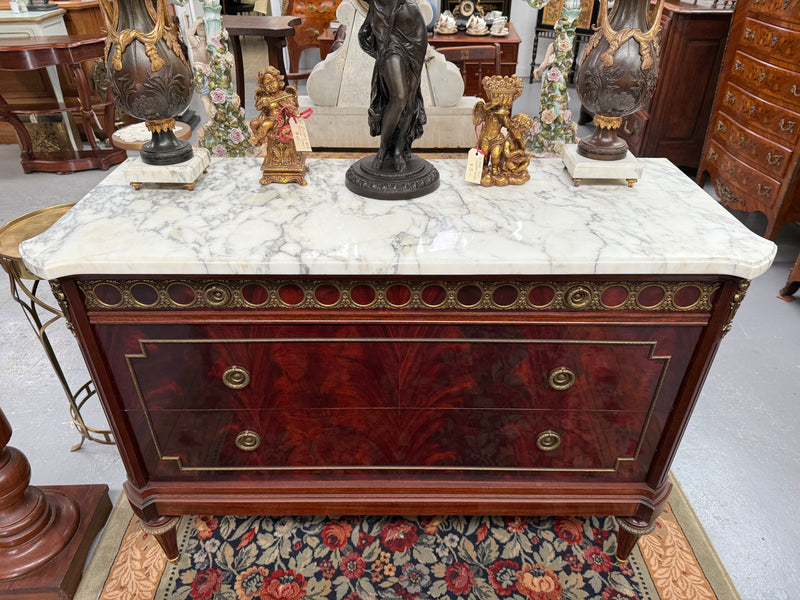 French Louis XVI Style Flame Mahogany Marble Top Commode
