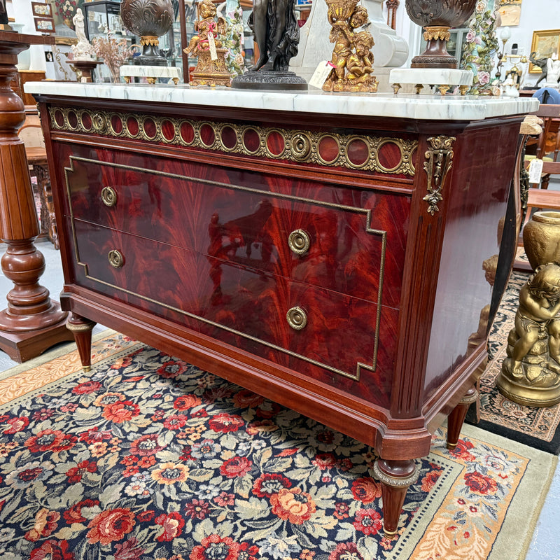 French Louis XVI Style Flame Mahogany Marble Top Commode