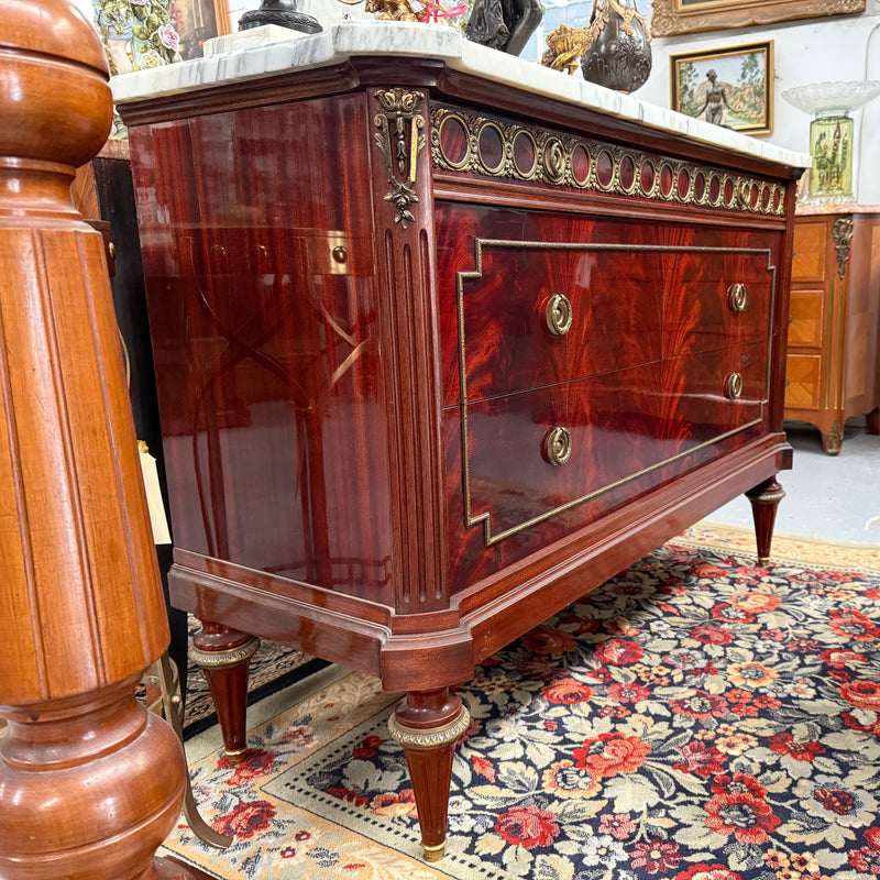 French Louis XVI Style Flame Mahogany Marble Top Commode