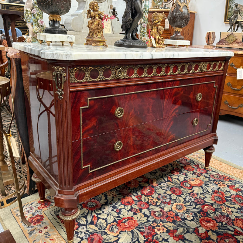 French Louis XVI Style Flame Mahogany Marble Top Commode