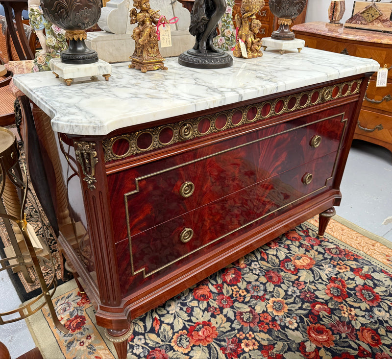 French Louis XVI Style Flame Mahogany Marble Top Commode