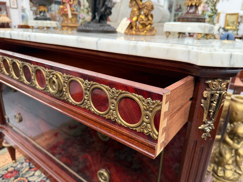French Louis XVI Style Flame Mahogany Marble Top Commode