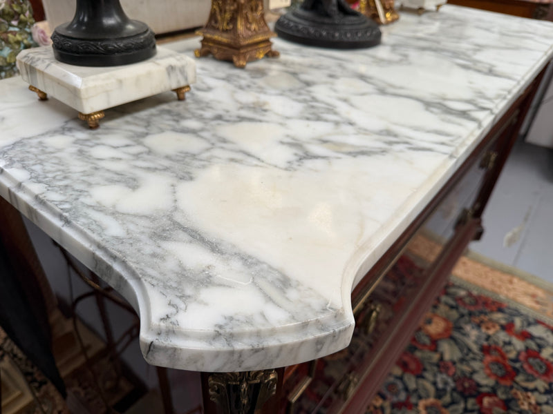 French Louis XVI Style Flame Mahogany Marble Top Commode