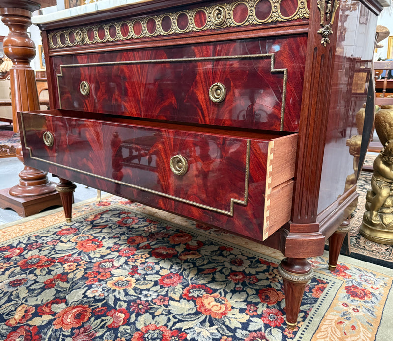 French Louis XVI Style Flame Mahogany Marble Top Commode