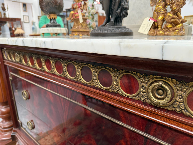 French Louis XVI Style Flame Mahogany Marble Top Commode
