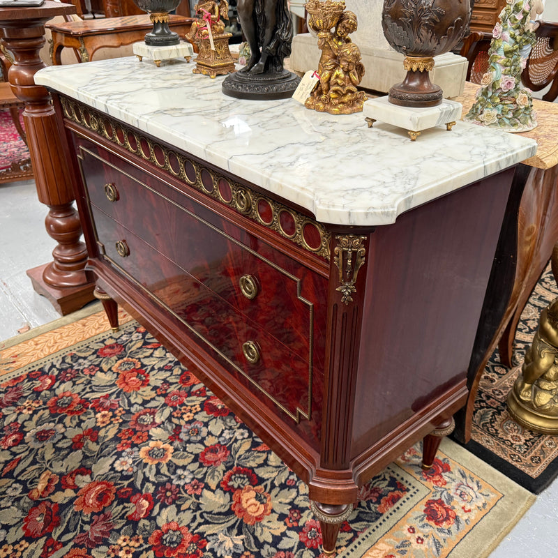 French Louis XVI Style Flame Mahogany Marble Top Commode