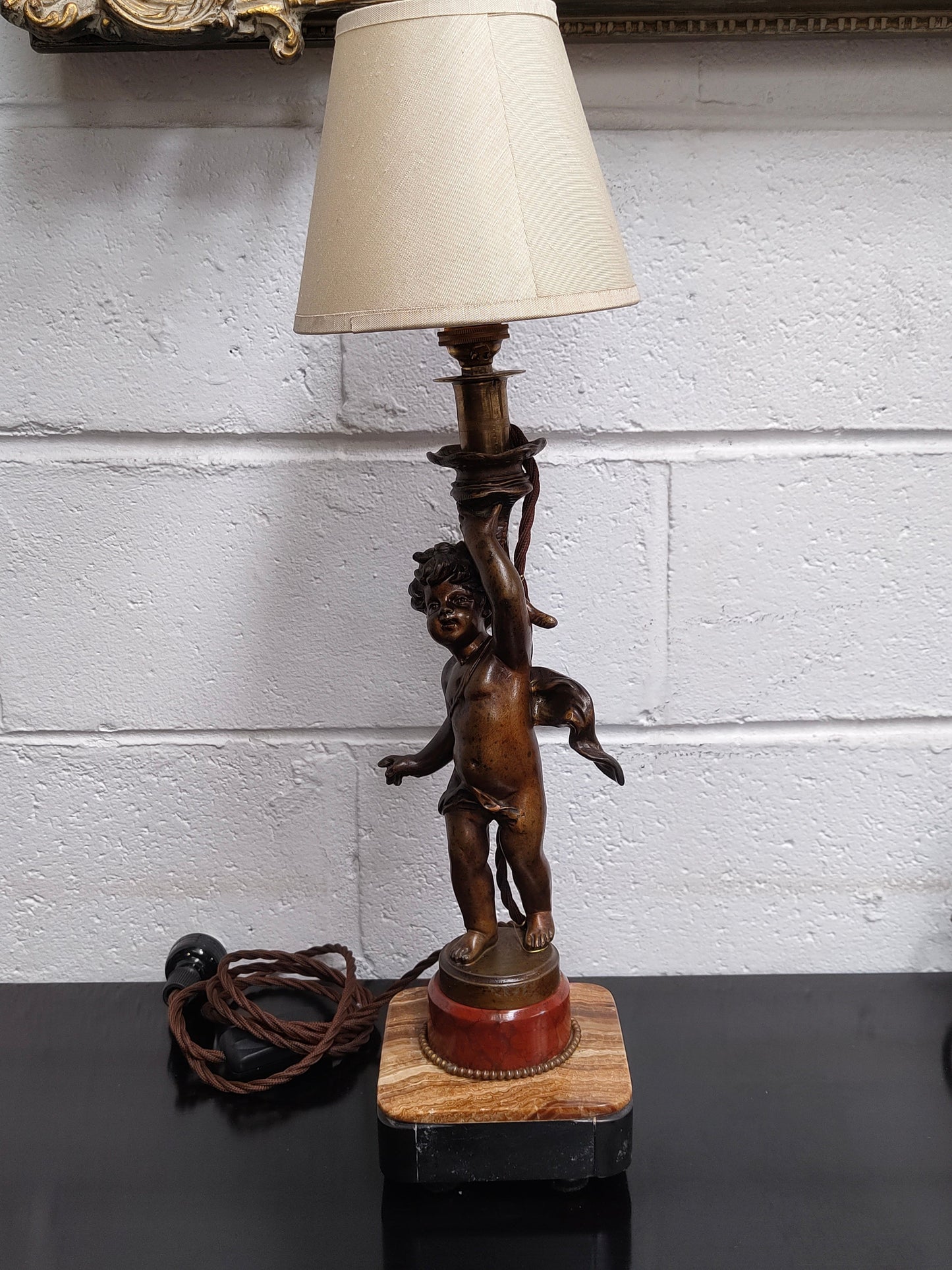 Pair French Art Deco Bronzed Metal Cherub Lamps
