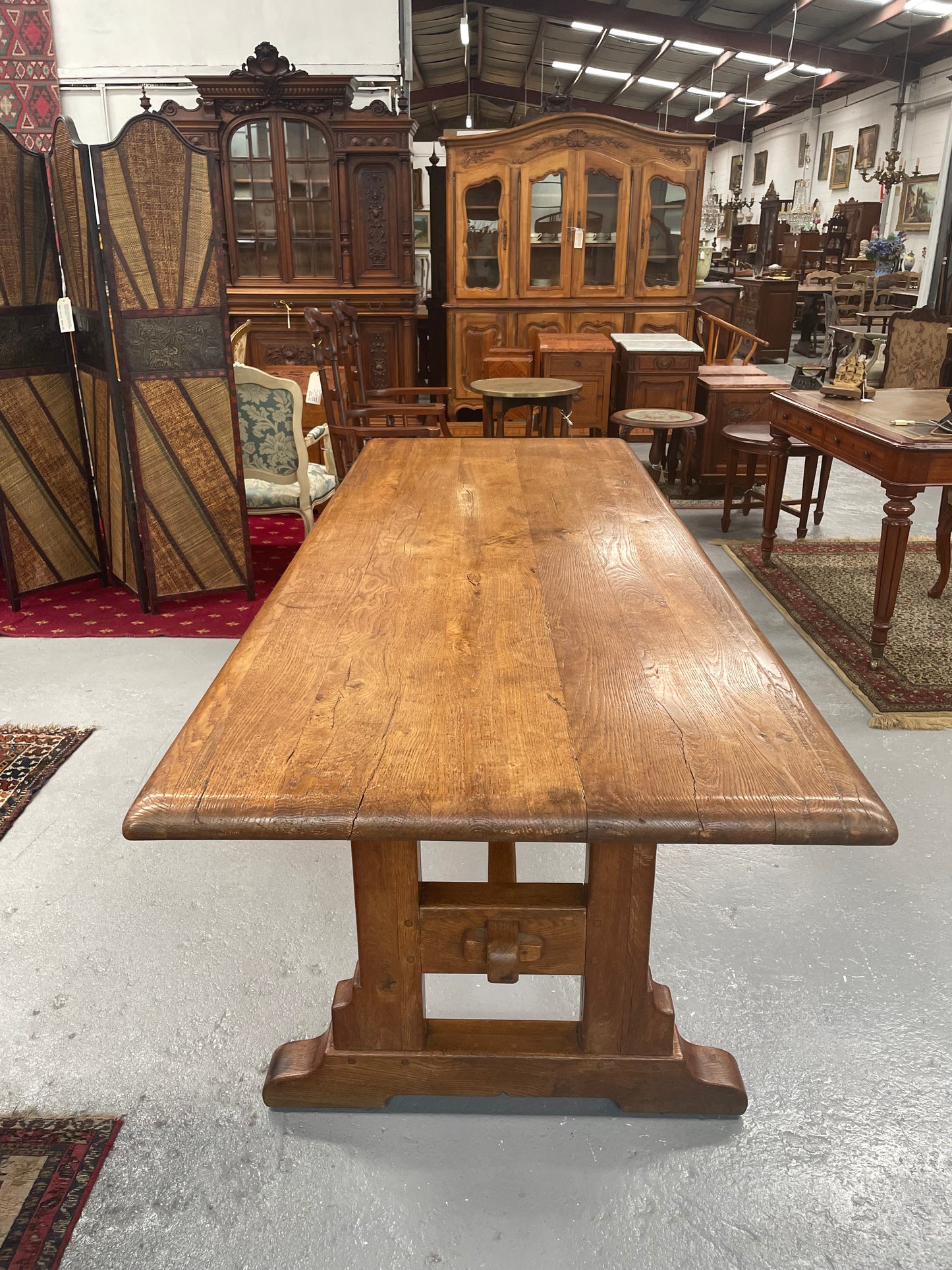 Fabulous French Oak pedestal refectory table. It comfortably fits 6-8 people and is in good original detailed condition. It has been sourced from France and is made from solid French Oak.