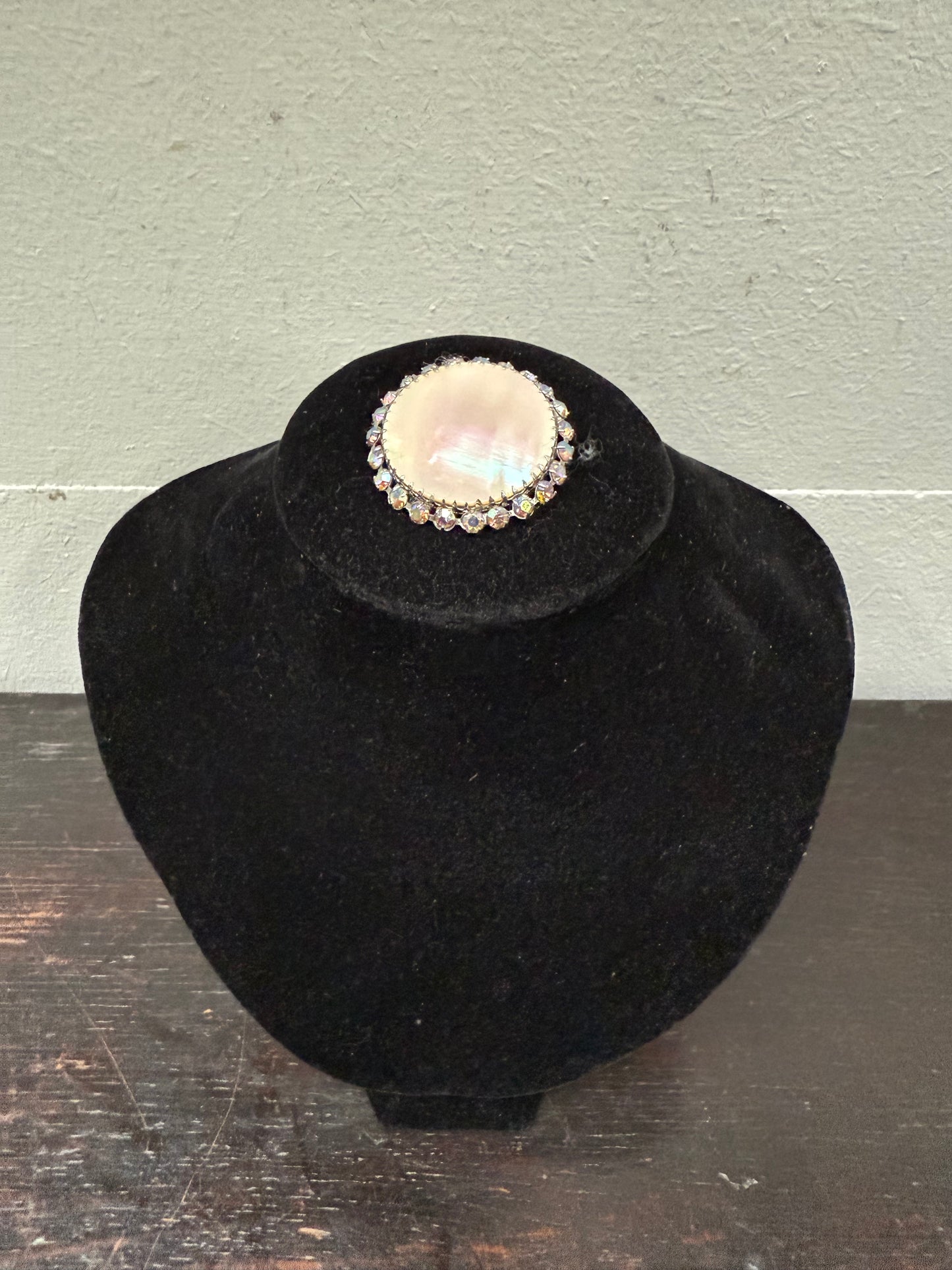 Vintage Mother Of Pearl & Crystal Brooch
