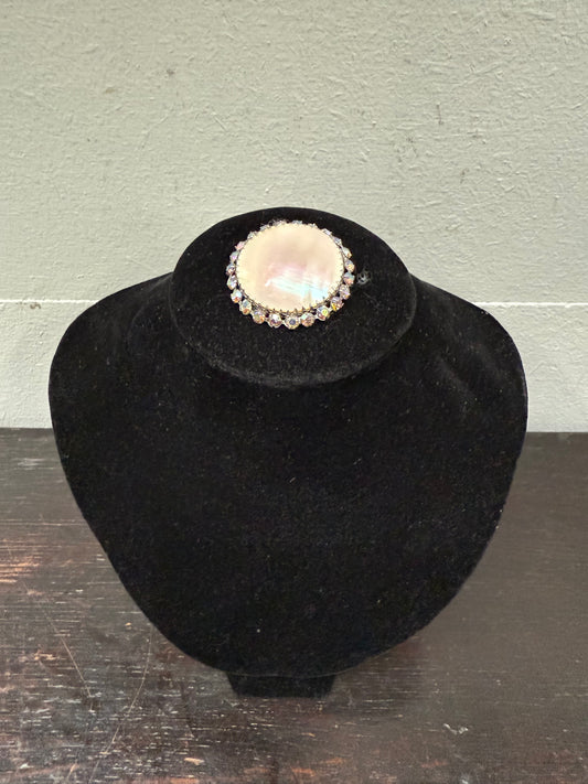 Vintage Mother Of Pearl & Crystal Brooch