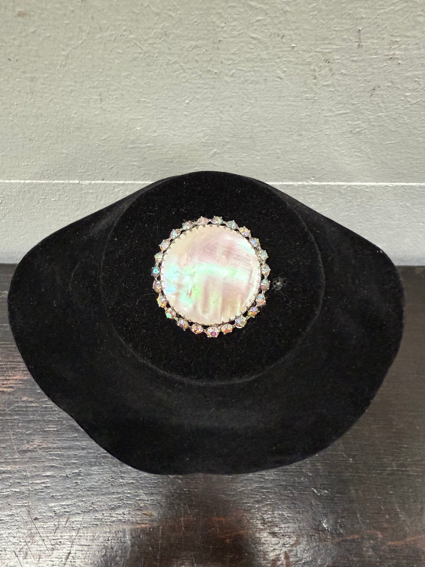 Vintage Mother Of Pearl & Crystal Brooch