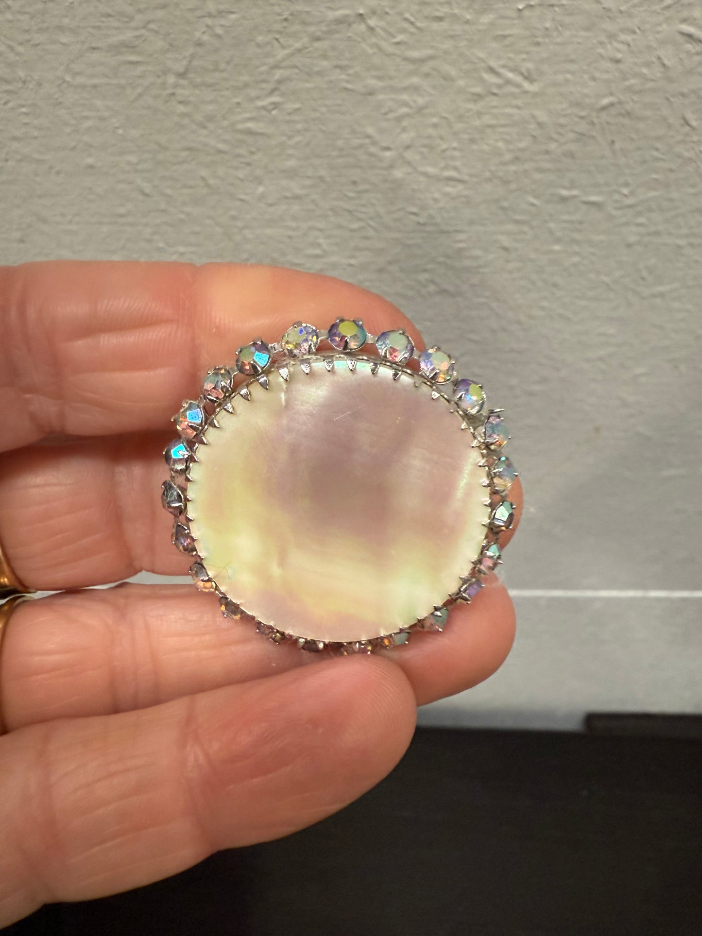 Vintage Mother Of Pearl & Crystal Brooch