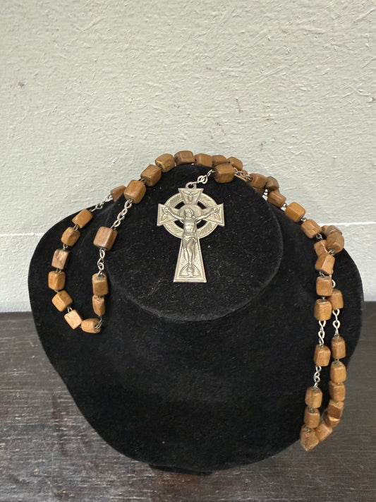 Vintage Wooden & Silver Colored Cross Rosary