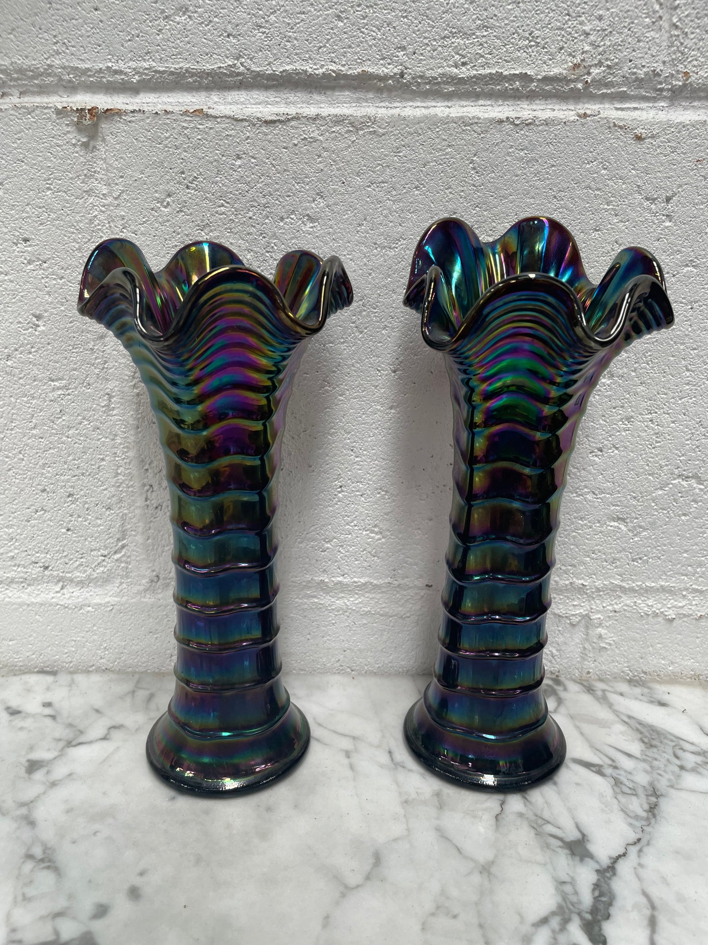 Pair of Iridescent Carnival Glass Vases
