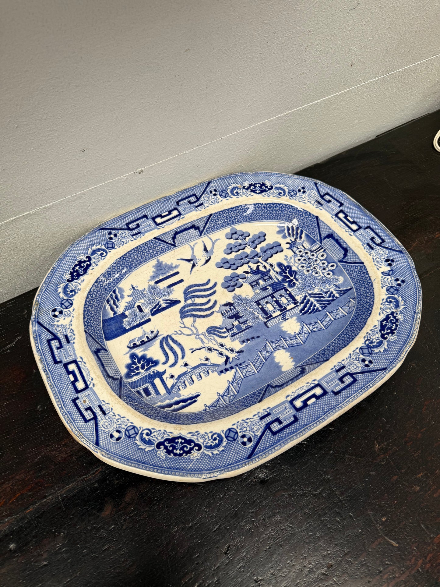 Antique English Willow Pattern Meat Plate c1840's