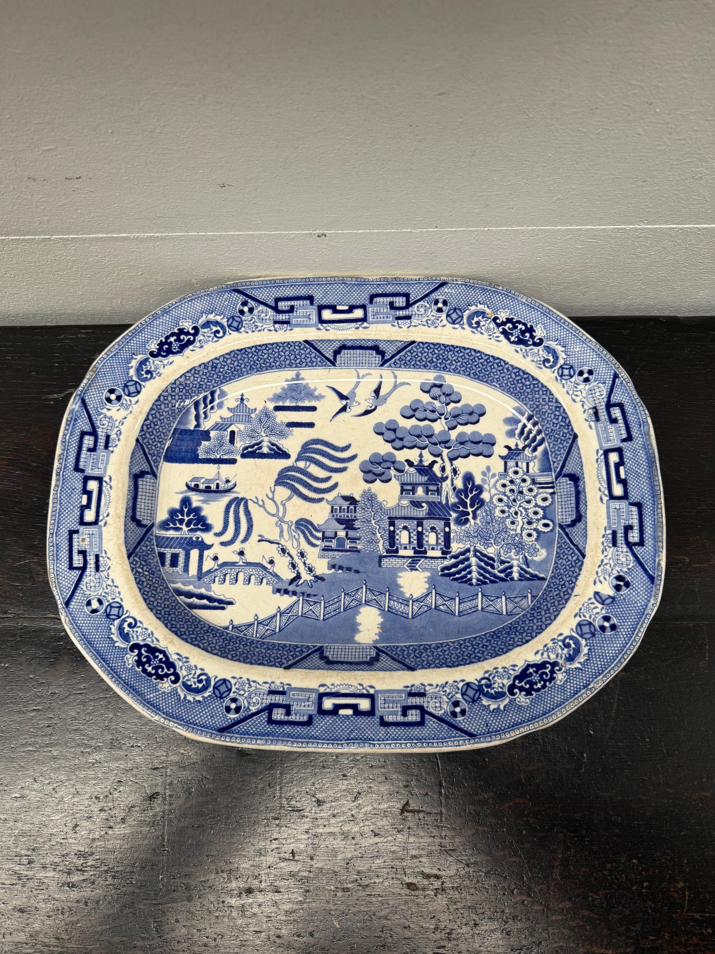 Antique English Willow Pattern Meat Plate c1840's