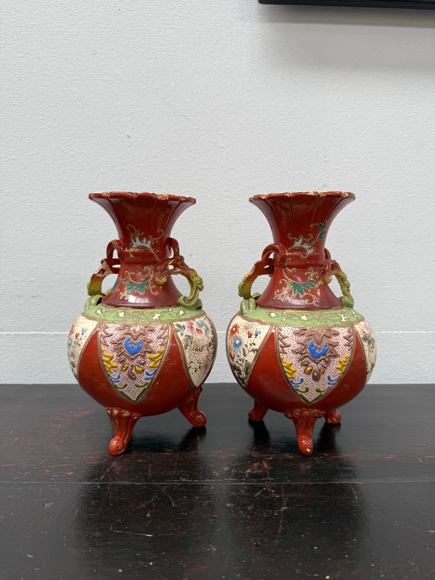 Pair Antique Satsuma Hand Painted Vases (1 a/f)